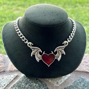 Red enamel heart with bat wings & devil horns valentine goth choker necklace
